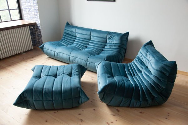 Vintage French Sea Blue Velvet Togo, French Living Room Set Blue