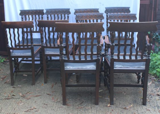 Antique Carved Dark Oak Pop Out Seat, Set Of 10 Antique Dining Chairs