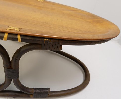 Italian Teak Oval Coffee Table With Plywood Top Bamboo Leather Rope 1960s For Sale At Pamono