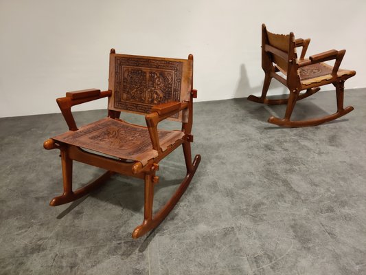 Leather Wood Rocking Chairs By Angel, Antique Leather And Wood Rocking Chair