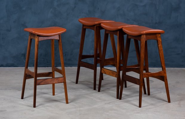 Mid-Century Rosewood Leather Bar Stools by Erik Buch for Dyrlund