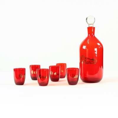 Mid-Century Alcohol Bottle & Shot Set in Red Glass, Czechoslovakia, 1960s,  Set of 7 for sale at Pamono