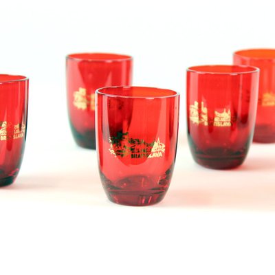 Mid-Century Alcohol Bottle & Shot Set in Red Glass, Czechoslovakia, 1960s,  Set of 7 for sale at Pamono