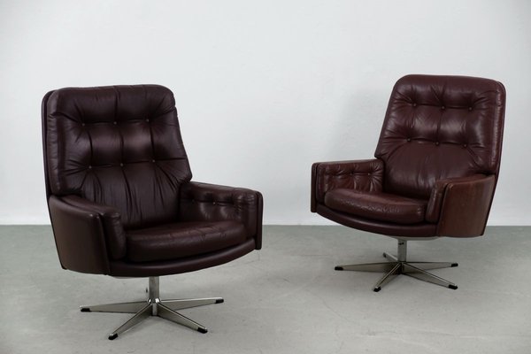 Mid Century Danish Modern Brown Leather, Leather Swivel Chairs