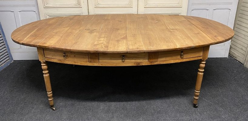 Early French Fruitwood Oval Farmhouse, Round Table With Leaves Seats 8
