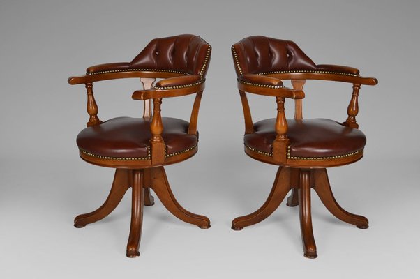 Vintage Chesterfield Style Wood And Leather Swivel Office Chairs Set Of 2 For Sale At Pamono