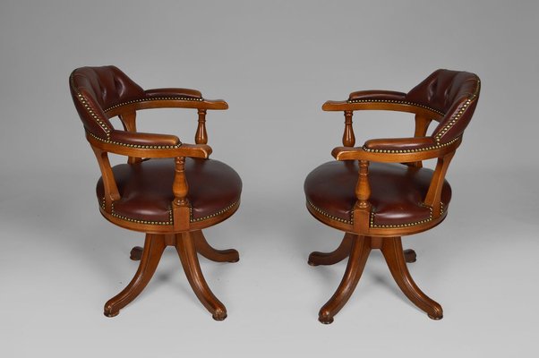 Vintage Chesterfield Style Wood And Leather Swivel Office Chairs Set Of 2 For Sale At Pamono