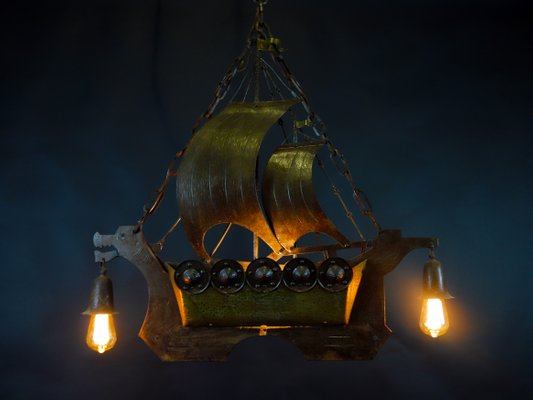 Antique Arts Crafts Iron And Brass Viking Ship Lamp By Goberg Hugo Berger For At Pamono Crafts Iron And Brass Viking Ship Lamp, Pirate Ship Pendant Light Shade