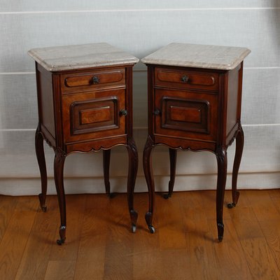 Antique French Mahogany Nightstands With Beige Marble Tops On Castors Set Of 2 For Sale At Pamono