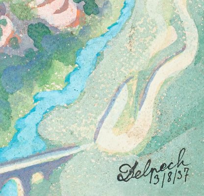 Pink Landscape Watercolor On Paper By J R Delpech 1937 1937 For Sale At Pamono
