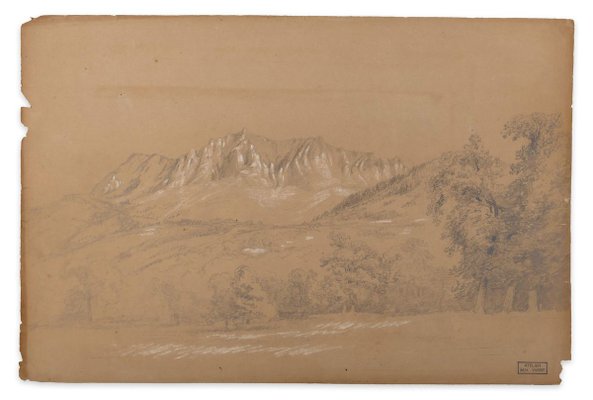 絵画 Brown Mountain Alpine Landscape - White Chalk on Brown Paper by M.H. Yvert - Late