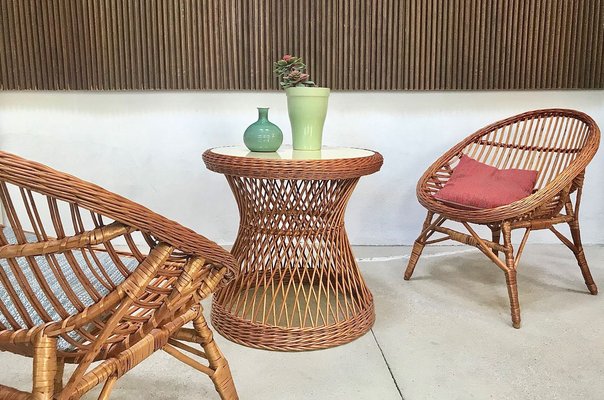 Italian Round Wicker Side Table with Resopal Top 1950s for sale