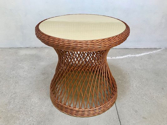 Italian Round Wicker Side Table With, Round Wicker Side Table With Glass Top