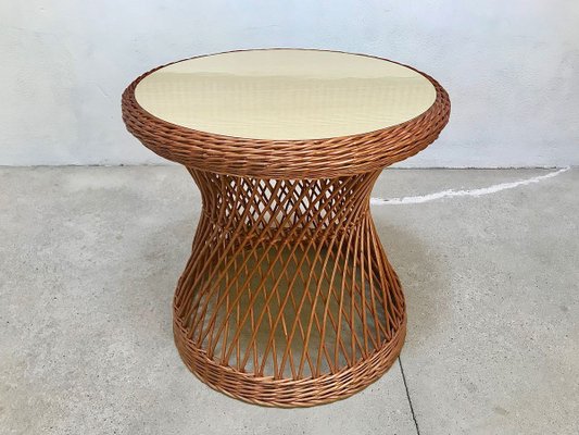 Italian Round Wicker Side Table with Resopal Top 1950s