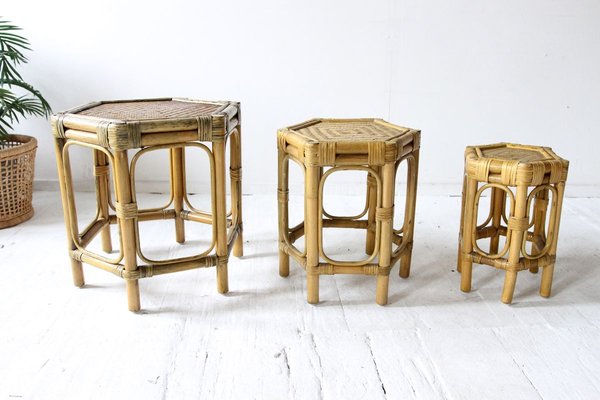 Bamboo Raffia Hexagonal Nesting Tables 1960s Set of 3