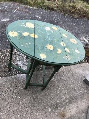 Hand Painted Wooden Drop Leaf Table, Blue Leaf Glass Top Coffee Table