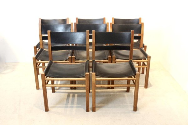 Saddle Leather Chairs 1970s Set, Oak Leather Chairs
