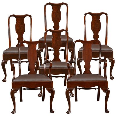 Antique Queen Anne Style High Back, Brown Leather High Back Dining Chairs