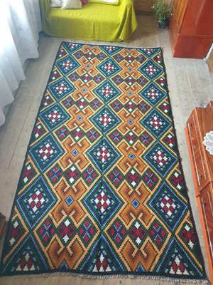 Large Romanian Handwoven Rug In Brown, Brown And Blue Rug