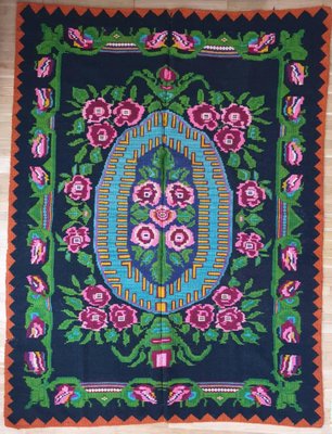 Hand Woven Green And Fuschia Wool Floral Rug 1970s For Sale At Pamono