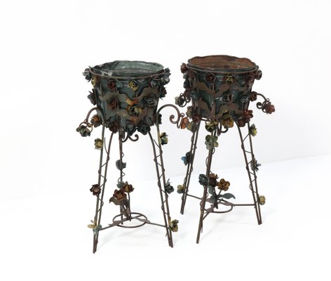 French Art Nouveau Style Patinated Iron Jardinieres Or Plant Stands 1950s Set Of 2 For Sale At Pamono