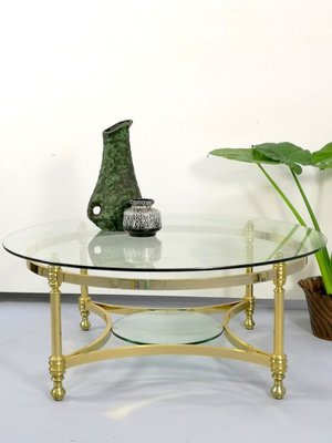 Round Brass Coffee Table With Glass Top, Round Glass Top Side Table With Shelf