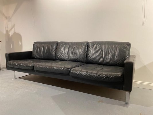 3 Seater Black Leather Sofa On Chromium, Black Leather 3 Seater Chaise Lounge