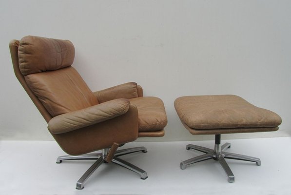 Mid Century Leather Lounge Swivel Chair With Ottoman For At Pamono Mid Century Leather Lounge Swivel Chair With Ottoman 1