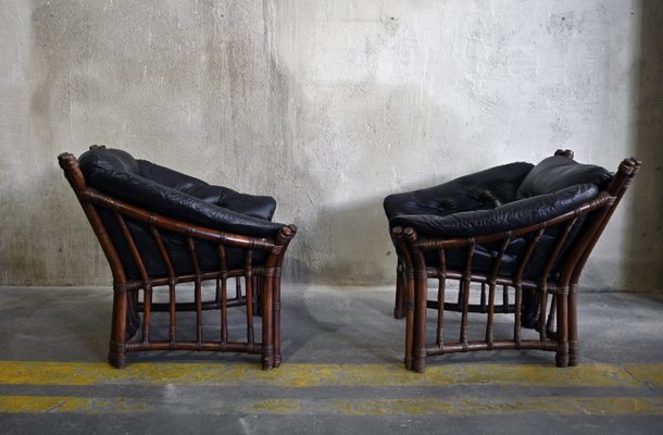 Vintage Leather and Rattan Chairs and Coffee Table 1970s Set of 3 for sale at Pamono