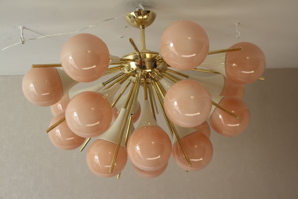 Light Pink Beige Murano Glass And Brass, Crystal Orb Chandelier Brass