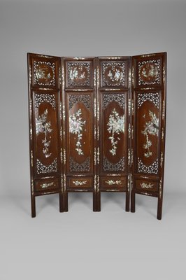 19th Century Asian 4 Panel Folding Screen In Carved Wood And Marquetry Bei Pamono Kaufen