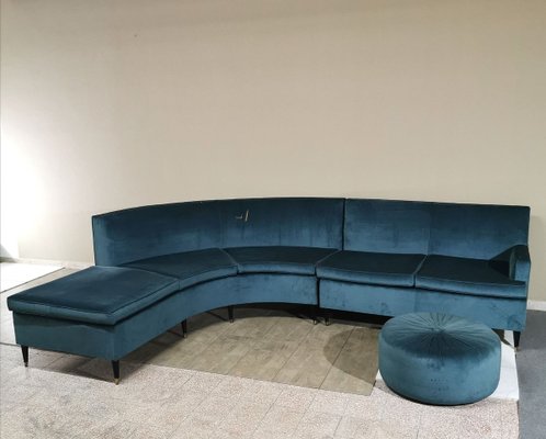 Mid Century Italian Turquoise Smooth Velvet Sofa Pouf with
