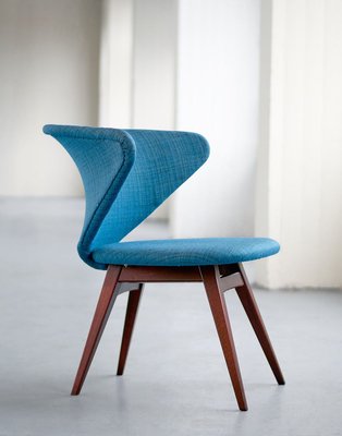 Wing Shaped Side Chair in Petrol Blue Fabric and Beech by Sigfrid Ljungqvist 1958