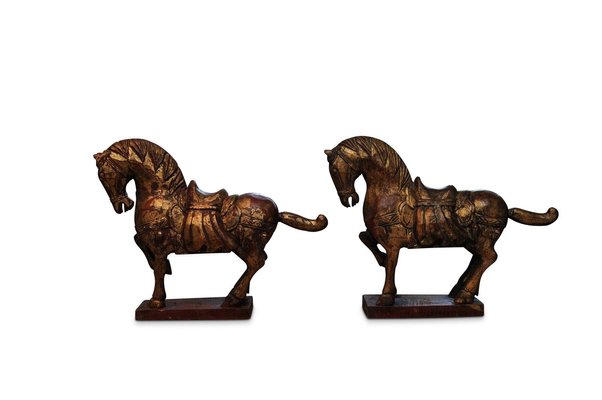 Vintage Carved Wooden Horse Sculptures set of 2