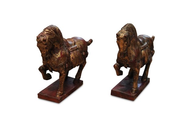 Chinese Tang Dynasty Style Decorative Carved Wood Horse Sculptures Set Of 2 Bei Pamono Kaufen