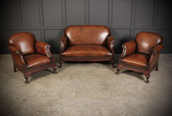Chippendale Hand Dyed Leather, Antique Leather Living Room Set