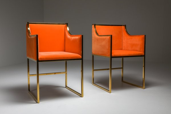 Brass Orange Velvet Dining Chairs By, Orange Velvet Dining Room Chairs