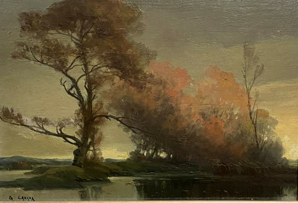 Antique Painting By Georges Gregoire Lavaux Lakeside Landscape At Dusk For Sale At Pamono
