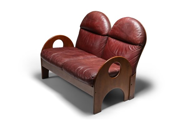 Arcata Walnut Burgundy Leather Loveseat by Gae Aulenti for
