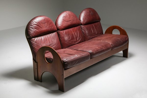 Arcata Walnut Burgundy Leather Sofa by Gae Aulenti for