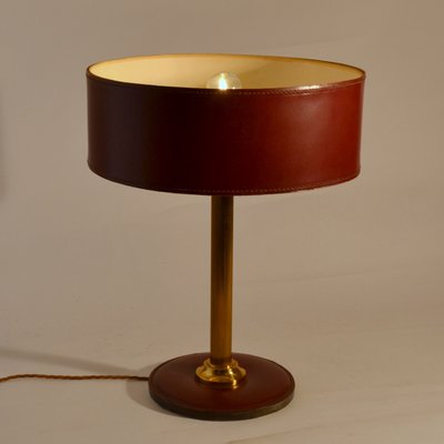 Mid Century French Brass And Leather, Leather Table Lamp