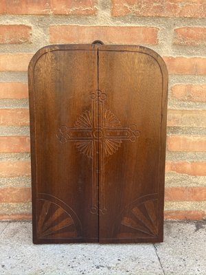 French Antique Hand Carved Walnut Wood Religious Triptych Or Carved Wall Sculpture Panel 1890s For Sale At Pamono