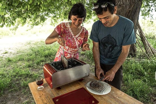 Teal Transportable Charcoal Barbecue with Compact Vertical Cooking