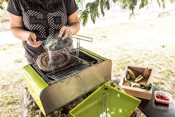 Teal Transportable Charcoal Barbecue with Compact Vertical Cooking