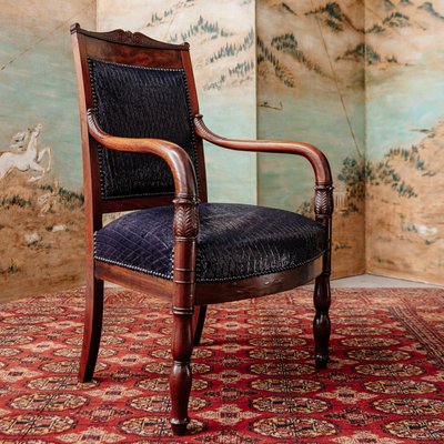 Antique Empire Mahogany Veneer Leather Dining Chairs Set of 4