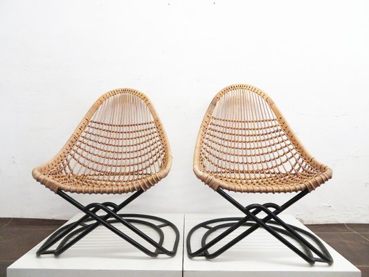 Wicker Cantilever Chairs with Ottoman 1960s Set of 3 for sale at