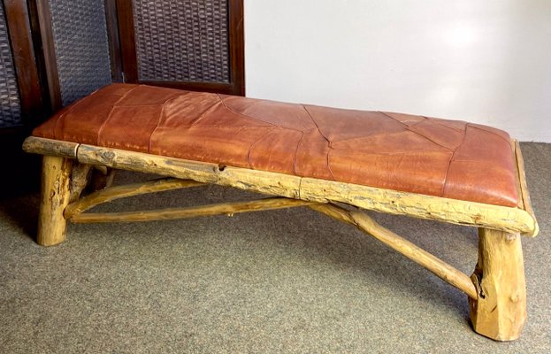 Wooden Bench with Patchwork Leather 1990s for sale at Pamono