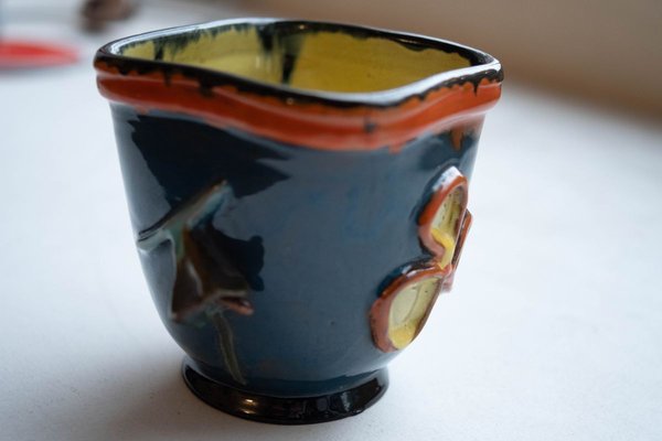 Mid Century Japanese Style Blue Ceramic Flower Pot Hand Painted For Sale At Pamono
