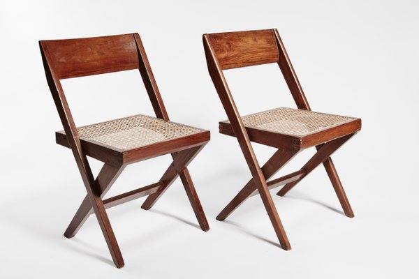 Teak And Wicker Library Chairs By Pierre Jeanneret Set Of 2 For