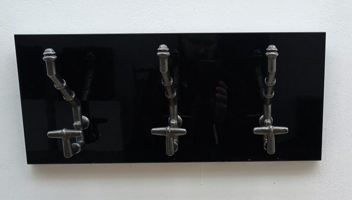 Antique Cast Iron & Faux Bamboo Wall Hooks Hangers on New Black Wooden  Support for sale at Pamono
